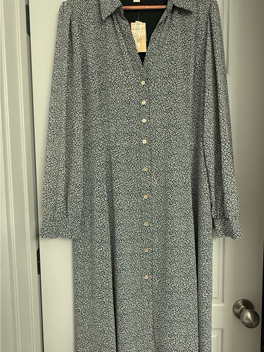 Michael Kors Black and White Long Sleeve Button-Front Midi Dress